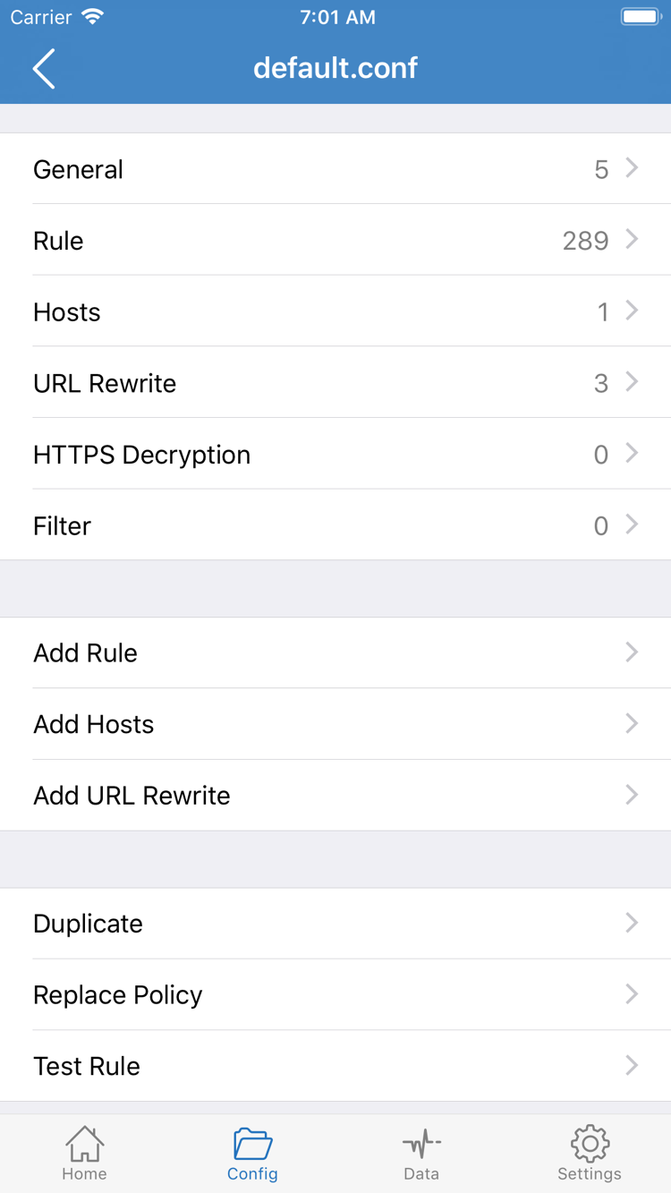 Official Shadowrocket Config editor showing General, Rule, Hosts, URL Rewrite, HTTPS Decryption, and Add Rule