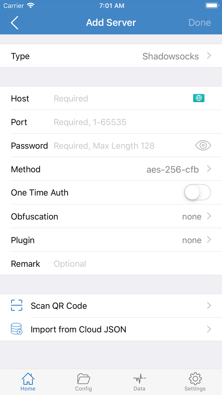 Official Shadowrocket Add Server screen showing Type, Host, Port, Password, Method, and the QR code import option