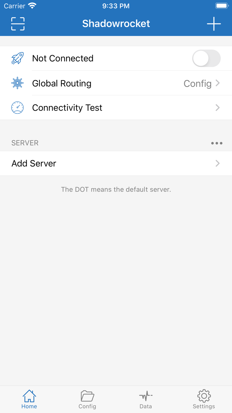 Shadowrocket 官方 Home 介面，顯示連線開關、Global Routing 與 Add Server